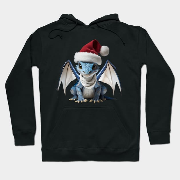 Cute Blue Baby Dragon Wearing a Red Festive Christmas Hat Hoodie by Cuteopia Gallery